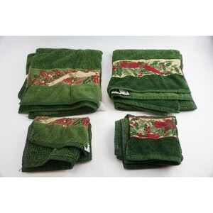 Santens Towel Set 4 Piece Green Holly Bow Pine Christmas Holiday Cotton EUC